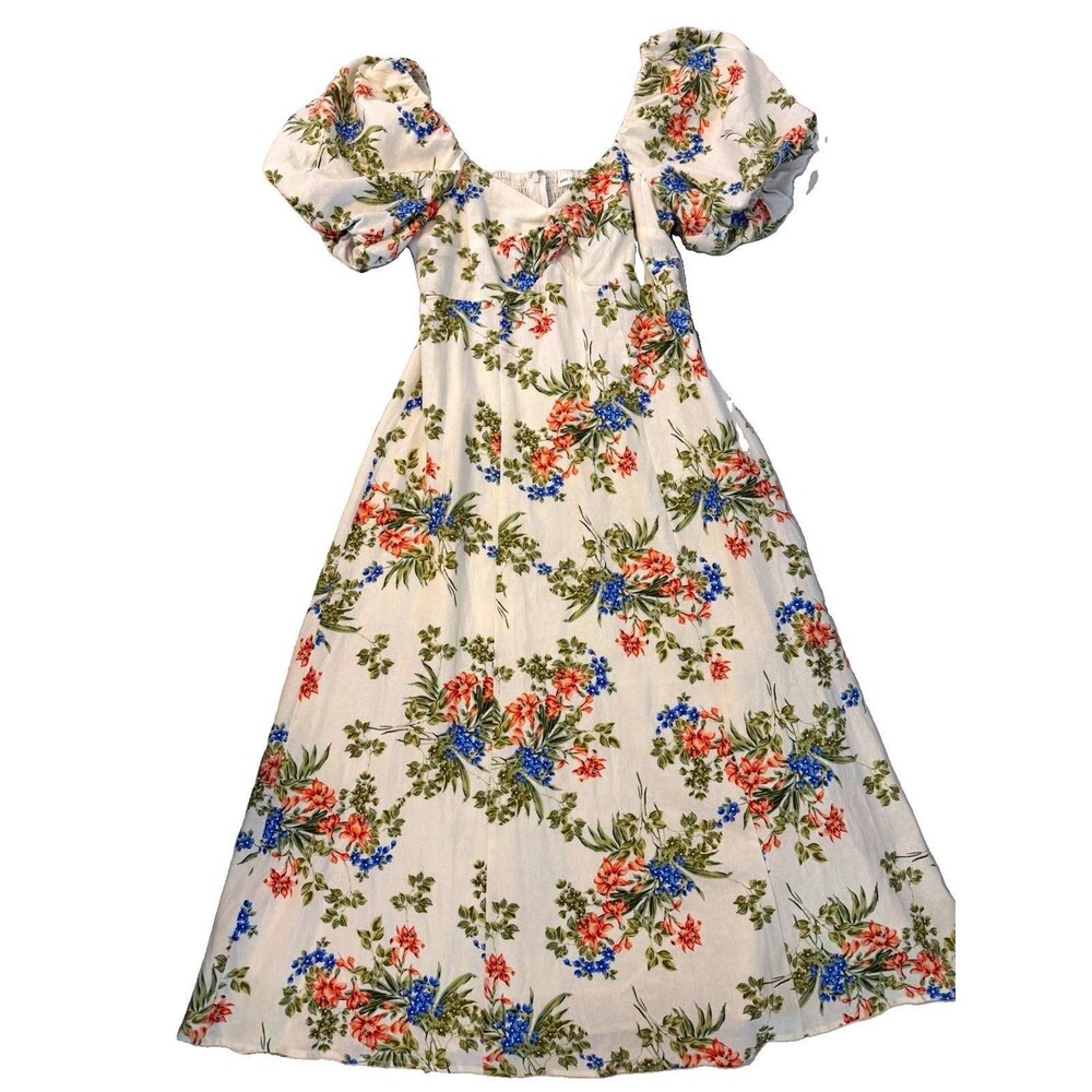 Avec Les Filles Floral Puff Sleeve Square Neck Midi A-Line Lined Dress Sz 8